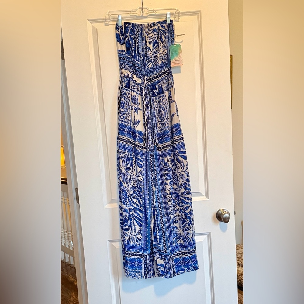 Blue & White Printed Strapless Jumpsuit
